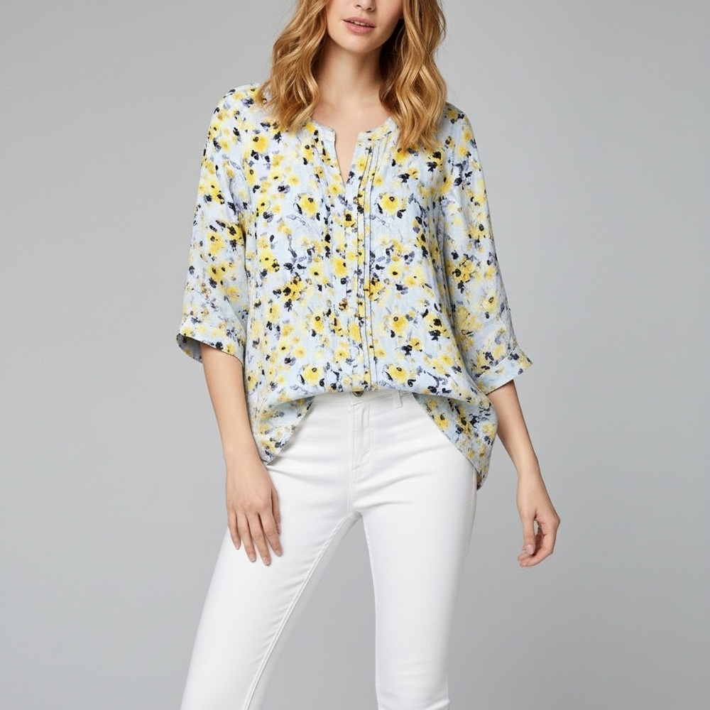 J.Jill Love Linen Pin tuck Pleated Front 3/4 Sleeve Blouse Top Size M